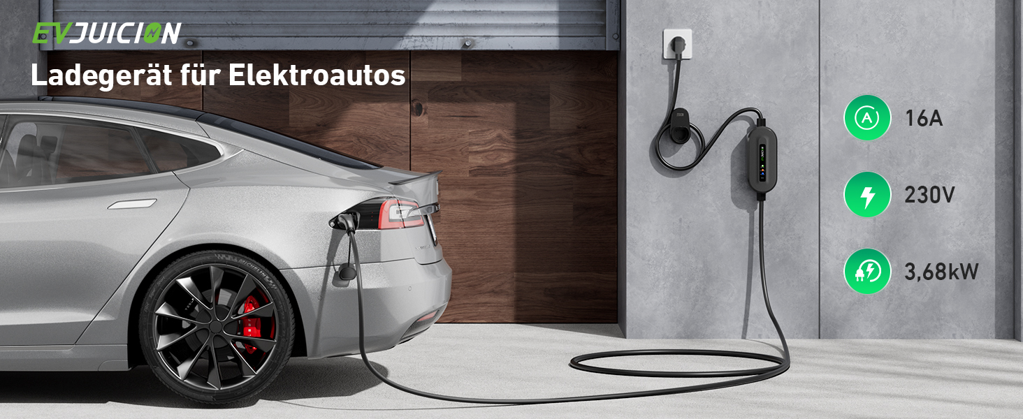 Кабель для зарядки електромобіля Evjuicion Typ 2 Schuko, 3.68kW, 6м, 16A, з індикатором, IP67, для ID.3/4, X1, 5ER, Model Y/3 та інших електромобілів