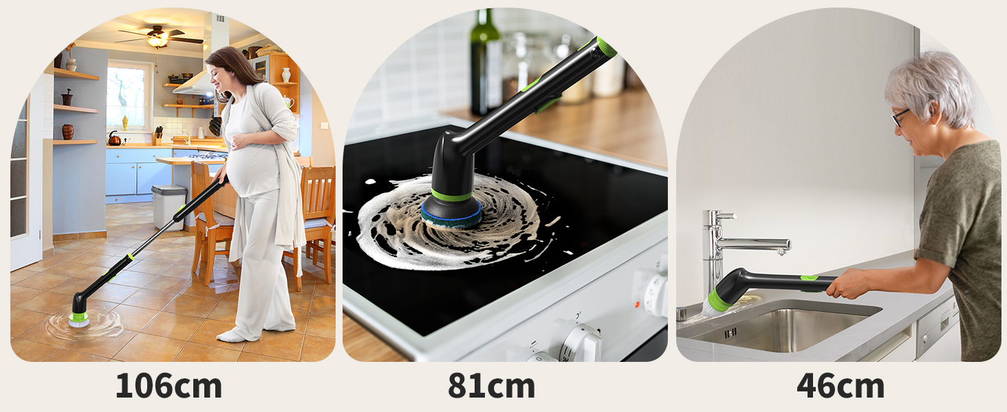 Електрична щітка для прибирання LyriFine, водонепроникна IPX7, з довгим руків'ям, 2 швидкості, змінна насадка, для ванної кімнати, білий (світло-зелений)