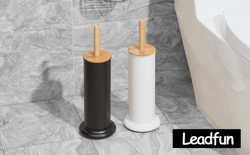 Щітка для туалету Leadfun з бамбуковою ручкою, металевим тримачем, 2 насадки, посилена основа (чорний)