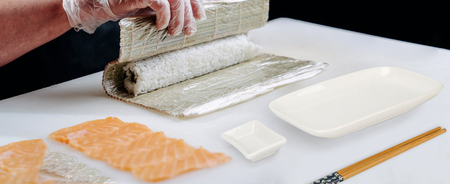 Набір для суші Exzact (10 шт.) – 2 тарілки, 2 миски для соусу, 2 підставки під столові прилади, 2 пари паличок для їжі – високоякісний фарфор, у подарунковій коробці – блакитний колір