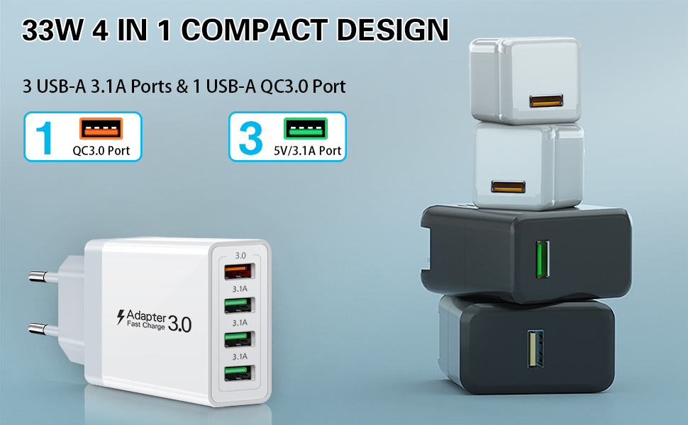 Зарядний пристрій USB 33W QC 3.0, 4 порти + 2 кабелі USB-C (2м/3м) для Samsung Galaxy, iPad Pro, LG, Sony - чорний/білий
