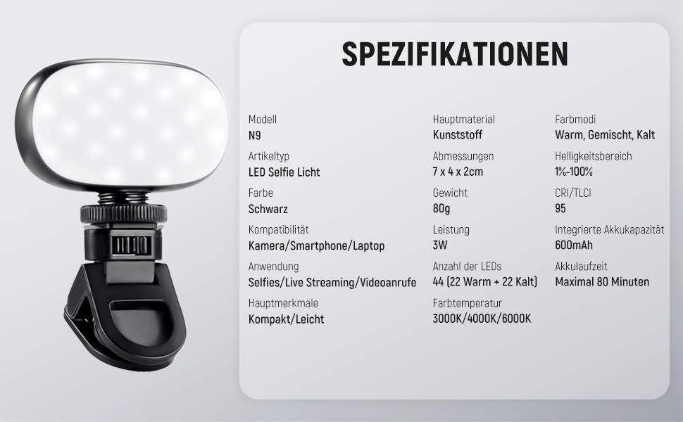 NEEWER BL120B LED світло для селфі та татуювань, сумісне з iPhone, з кліпсою, CPL фільтром, штативом та тримачем для телефону, BL120B (N9)