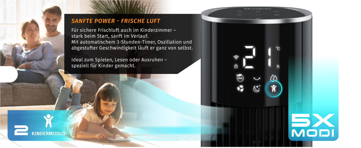 Вентилятор вежа Brandson ECO GREEN з водяним охолодженням, WiFi, керуванням Alexa – мобільний кондиціонер, чорний матовий