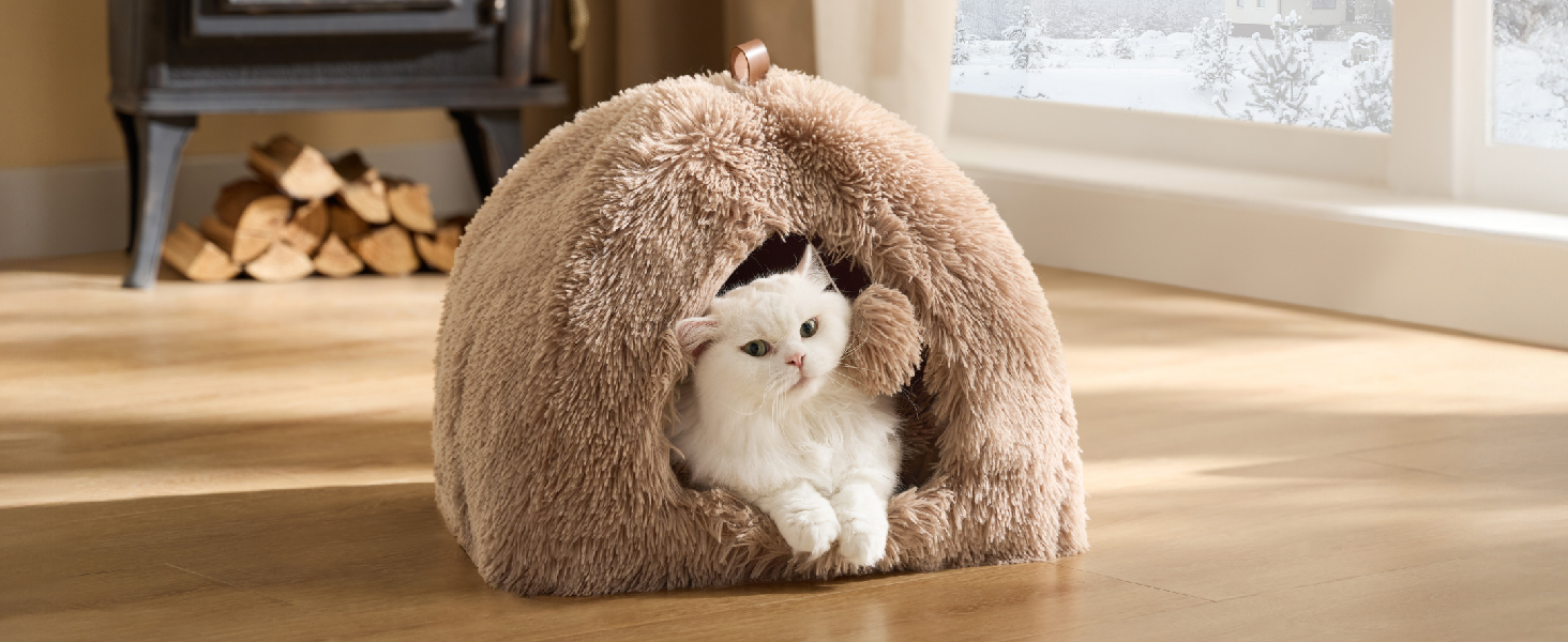 Ліжко для котів BEDSURE велике, 44x44x44 см, сіре. З м'якою подушкою та іграшкою. Легко миється. Внутрішній будиночок для кота.