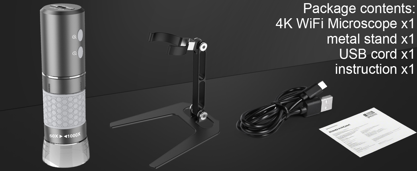 Цифровий мікроскоп Jiusion WiFi USB з підключенням до iPhone, iPad, Android, Mac, Windows, Linux, Chrome, 50-1000x збільшення, 4K камера, 8 LED, металевий штатив