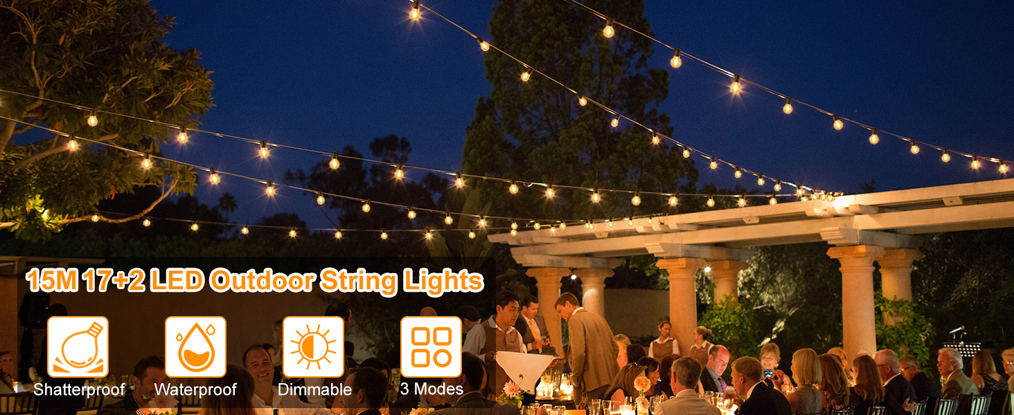 LED гірлянда для вулиці з димером - 30 метрів, G40 лампочки, таймер, IP44, вологостійка, для балкона, саду, вечірки, шлюбу, тераси (15м, 17+2 димери)
