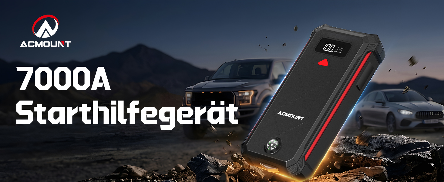 Бустер для автомобіля 7000А Powerbank для запуску двигуна 12В (до 12л бензин/10л дизель) з ліхтариком, кабелями, компасом та аварійним молотком, колір червоний