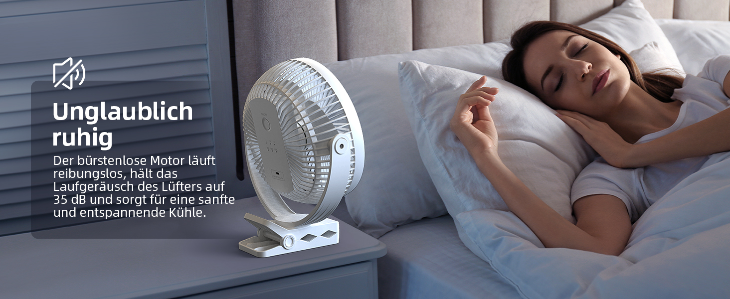 Вентилятор Koonie 10000 mAh з кліпсою, 20 см, портативний USB, акумуляторний, 4 швидкості, 360° оберт, тихий, для дому, офісу, дитячої коляски, кемпінгу, гроубокса (білий)