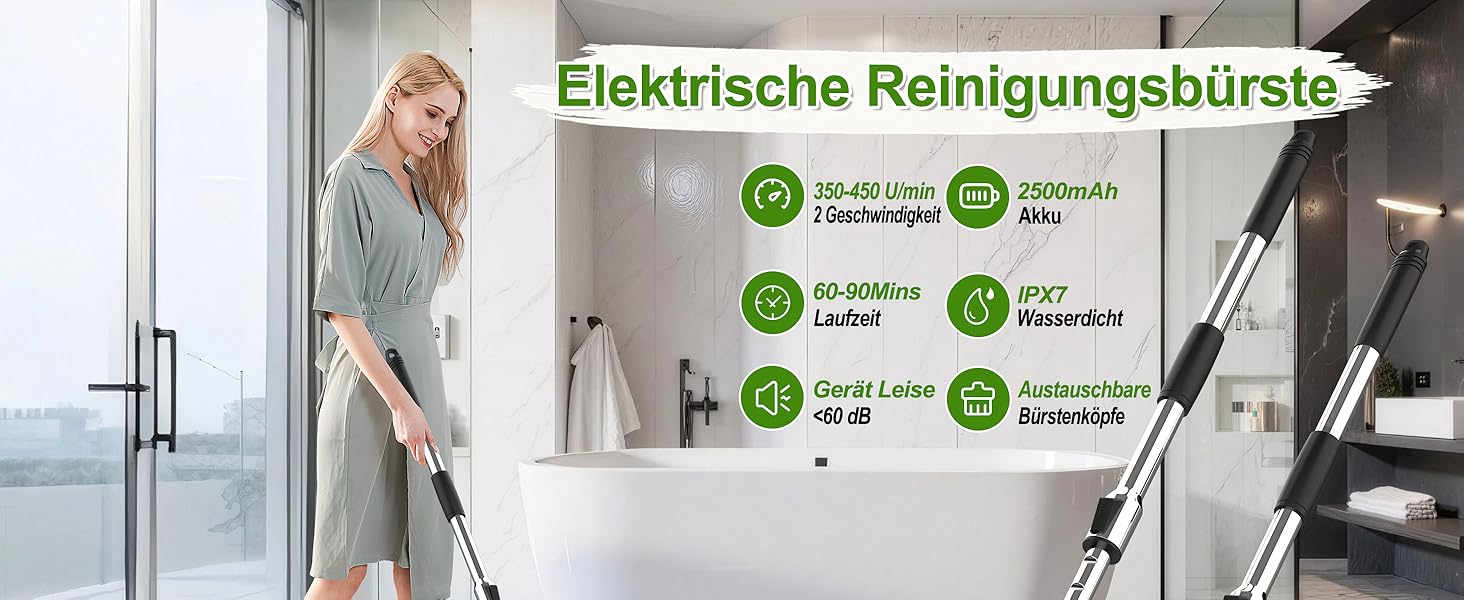 Електрична щітка для прибирання з 7 насадок, IPX7, регульована ручка, для ванної, кухні, підлоги, авто (чорний, сірий)