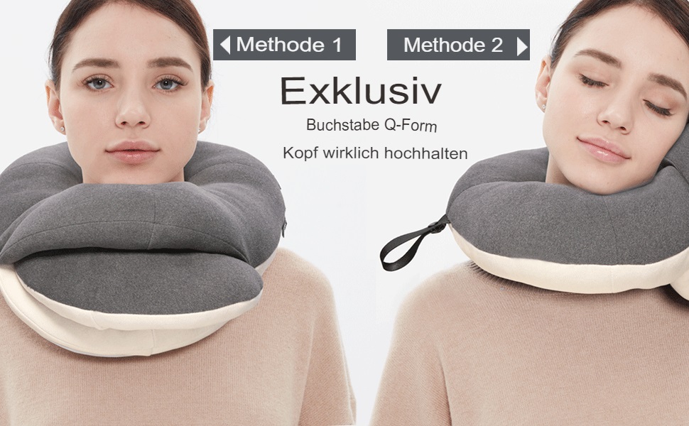 Подушка для шиї BUYUE для подорожей, 360° підтримка голови, сон у дорозі, комплект з маскою для очей, навушниками та чохлом (для дорослих, сіра, до 45 кг)