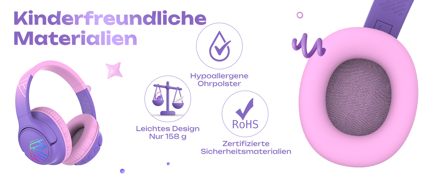 Дитячі навушники PowerLocus Bobo Bluetooth з обмеженням гучності, LED-підсвічуванням, складні, з мікрофоном (фіолетовий)