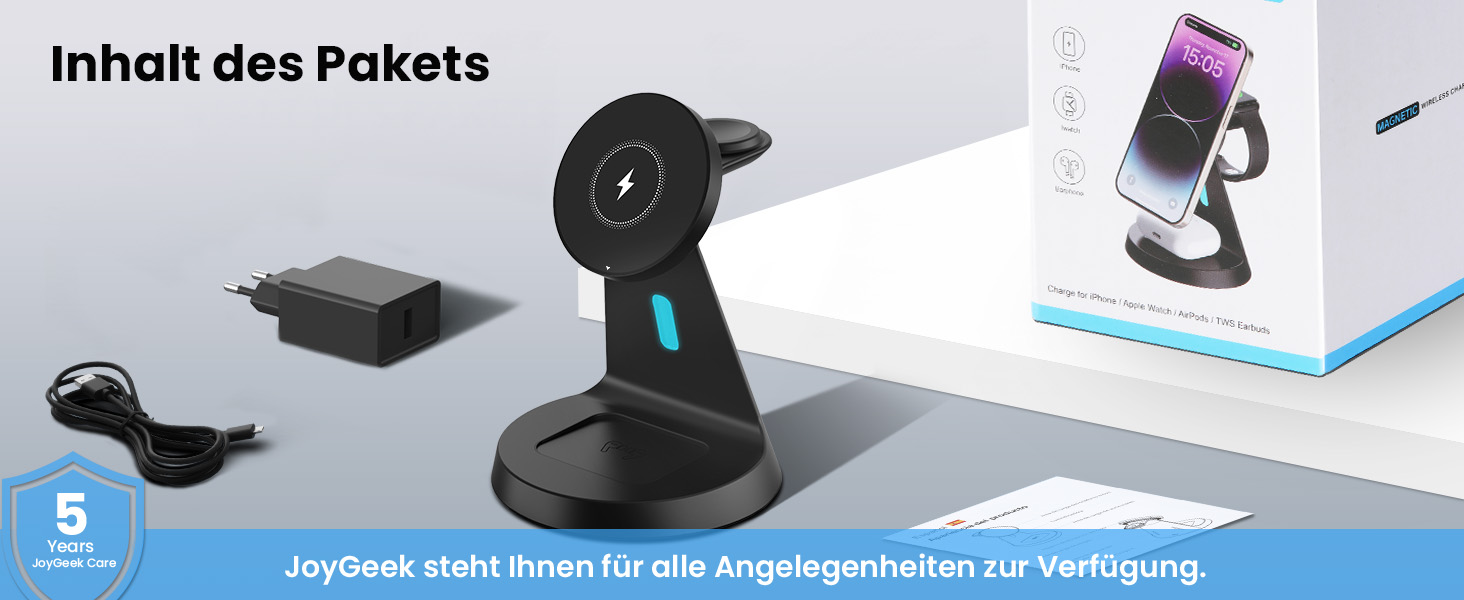 Зарядна станція JoyGeek 3-в-1 для Apple Watch, iPhone (MagSafe) та AirPods. Бездротовий зарядний пристрій для швидкої зарядки iPhone 12-15, iWatch Series 2-Ultra/SE, Airpods 2-4. Чорний.