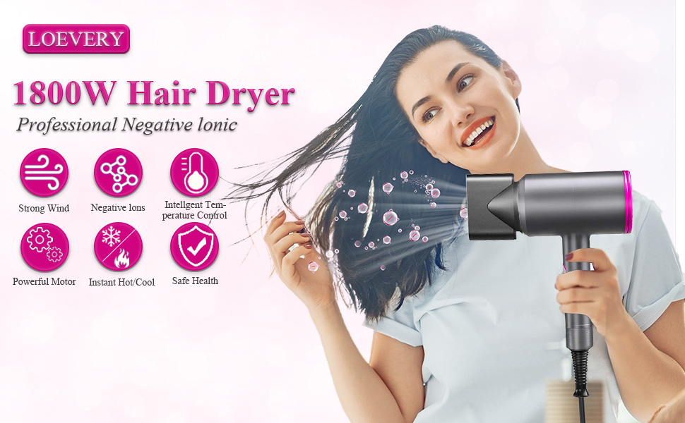 Іонний фен AC мотор 1800W, професійний фен для волосся з 3 режимами нагріву, кнопка холодного повітря, дифузор, 2 концентратори, гребінець для жінок та чоловіків