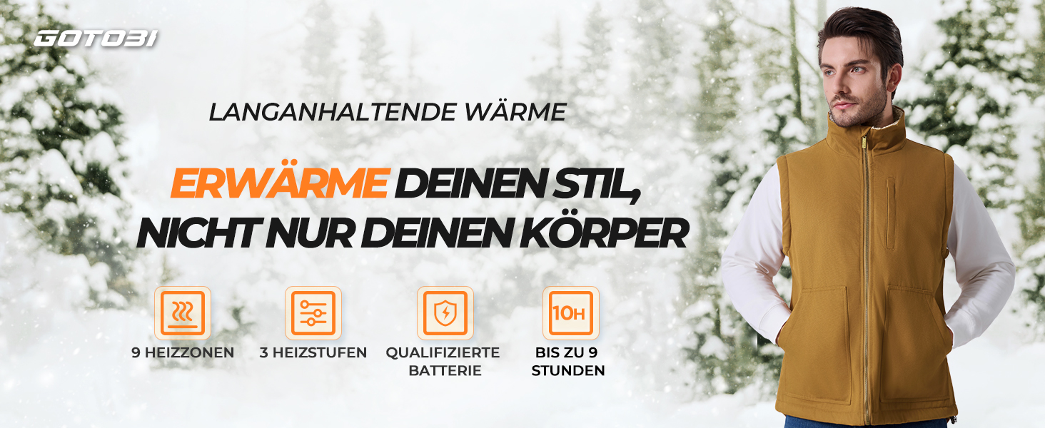 Електрична гріюча жилетка для чоловіків з Powerbank 16000mAh, 7,4V, 9 зон обігріву, канвас, фліс, регулювання температури, khaki XXL