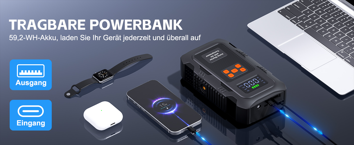 Пусковий пристрій Povasee Jump Starter 9000A з компресором 150 PSI, бустер для авто 12V та Powerbank з ліхтариком (Червоний/Чорний)