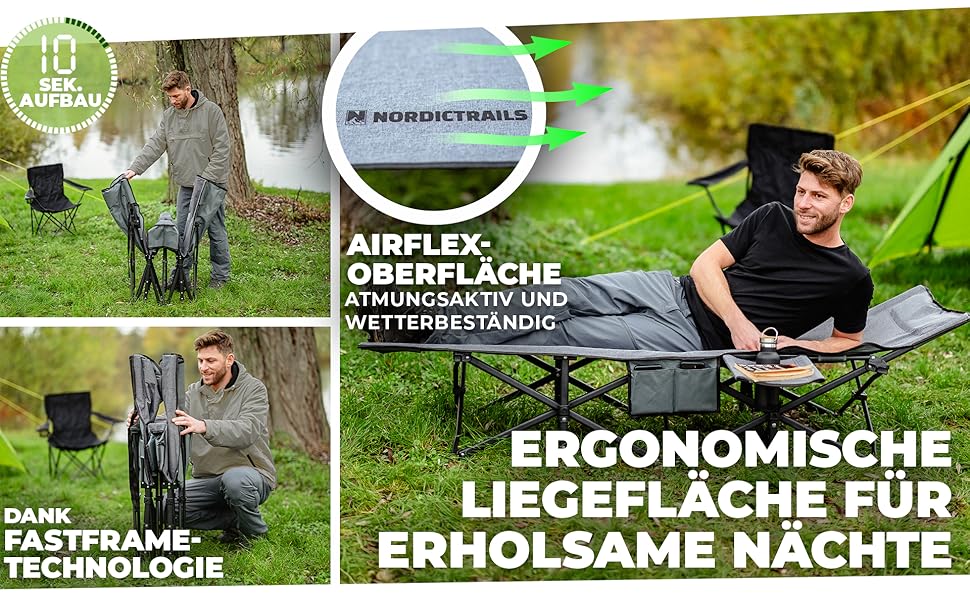 NORDICTRAILS Кемпінгове ліжко NORDICTRAILS - XXL розкішне ліжко для кемпінгу | Складне, легке та широке для відпочинку на природі | Гостьове ліжко, лежак, складане ліжко, ліжко для риболовлі, карпове ліжко з надзвичайно м'яким матрацом з подушкою, чорне