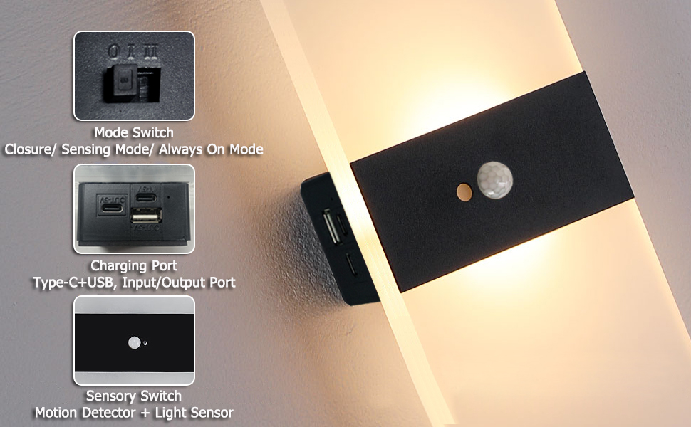 LED-лампа на батарейках VOMI з датчиком руху для дому, акрил, USB-зарядка, 4000mAh, для коридору та сходищ, 2 штуки, тепле світло (сенсор 3000k)