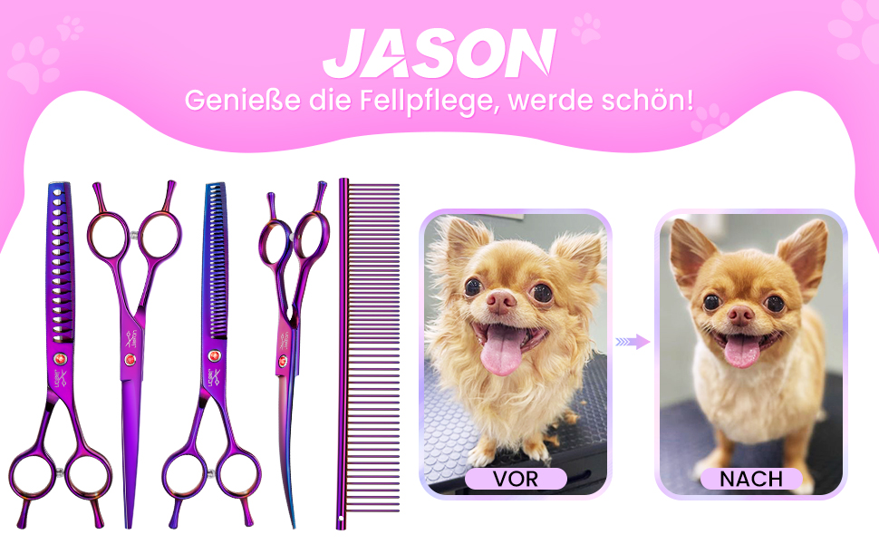 Професійна вигнута ножиця для собак JASON - 7,5' ножиця для грумінгу собак з японської нержавіючої сталі. Ножиці для собак та котів (вигнуті, фіолетові)