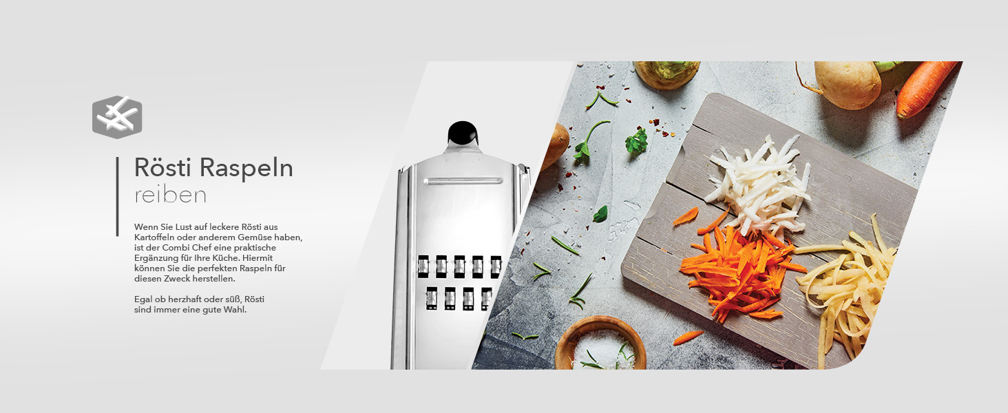 Кухонна терка Börner Combi Chef з контейнером, нержавіюча сталь, 4 насадки — для сиру, овочів, цедри