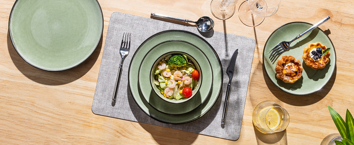 Набір посуду GBhome з реактивної глазурі для 6 осіб (18 предметів), ручної роботи, керамічний, мікрохвильова та посудомийна машина, зелений колір