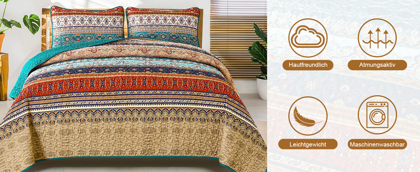 Покривало WONGS BEDDING Boho 220x240 см, стьобане, мікрофібра, комплект 3 в 1 (2 наволочки 50x70), для двоспального ліжка та дивана, бежево-зелене, для спальні