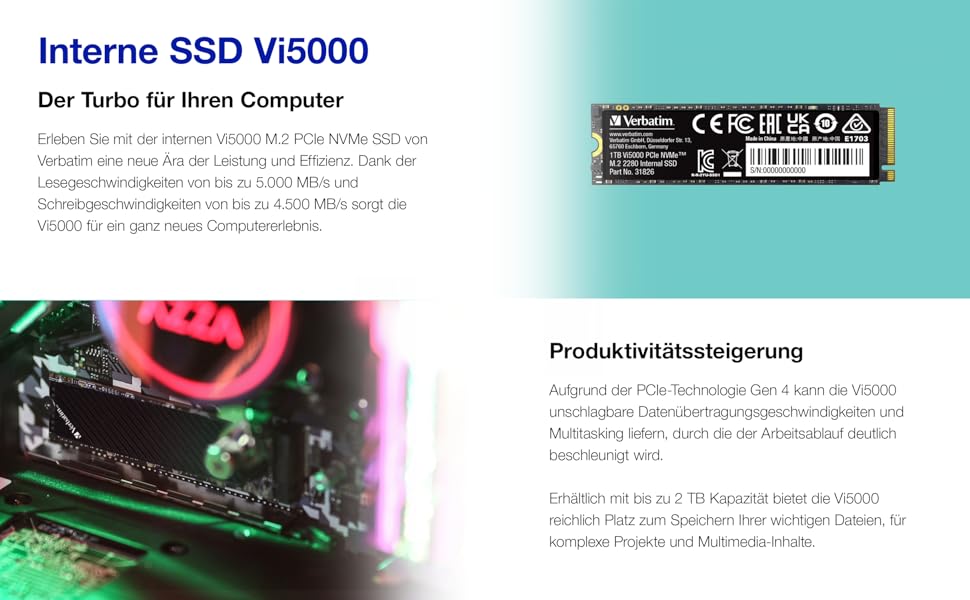 SSD Verbatim Vi5000 1TB NVMe M.2 - Швидкий накопичувач для ноутбука, чорний