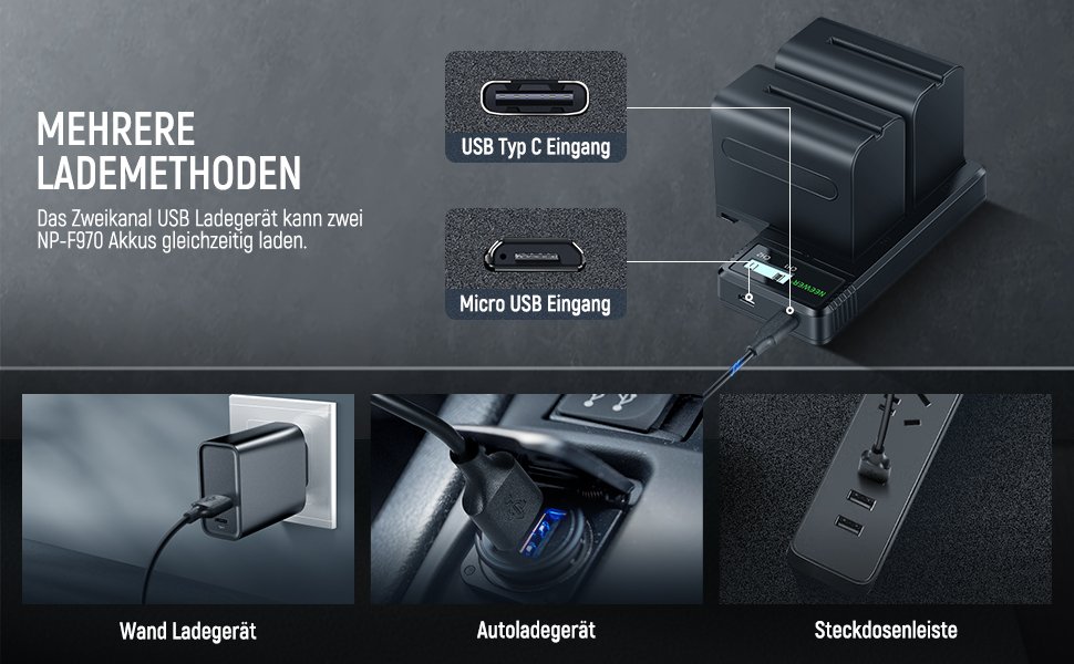 Зарядний пристрій NEEWER Dual USB з 2 шт. акумуляторами 6600mAh NP-F970 та швидкою зарядкою, сумісний з Sony NP-F970/F960/F950/F770/F750/F570/F550, Handycam, NEEWER LED-ліхтарі, моторизовані слайдери