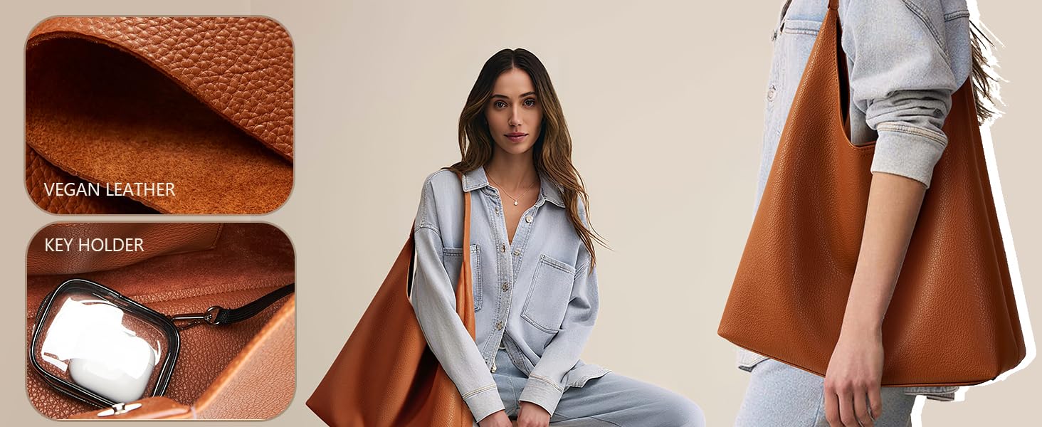 Сумка жіноча KALIDI Shopper Hobo з PU шкіри, вінтажна сумка-тоут з кнопкою, велика для роботи, навчання, повсякденного використання (коричнева)