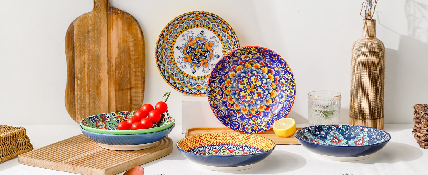 HENXFEN Набір супових тарілок з порцеляни, 700мл, 6 шт. Яскраві тарілки для супу, пасти, салату, фруктів - Богемний стиль