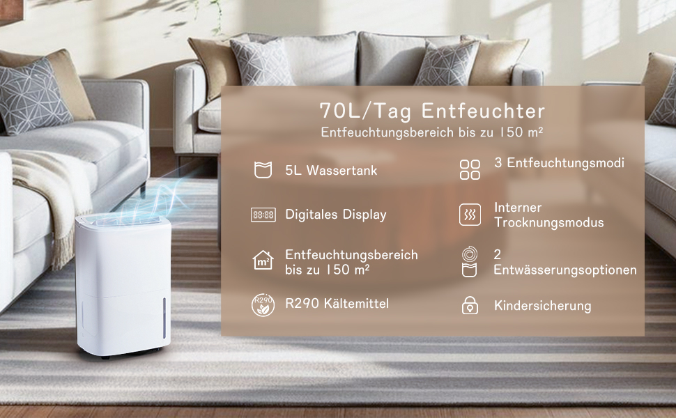 Електричний осушувач повітря 70л/день з авторежимом та шлангом для підключення. Ідеально для підвалів, ванних кімнат, спалень до 150㎡. Осушувач з цифровим дисплеєм, захистом від плісняви, 360° колесами, тихий 40dB, білий