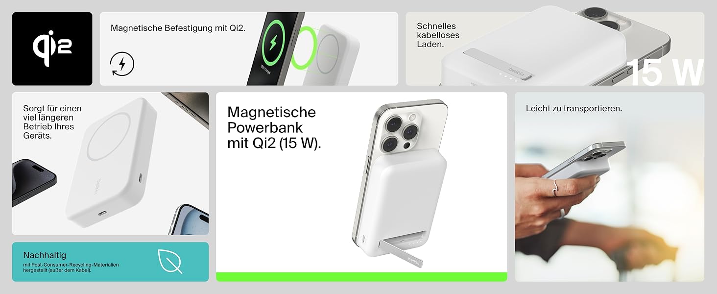 Бездротовий павербанк Belkin BoostCharge Pro 10000mAh з підтримкою Qi2 та MagSafe, портативний зарядний пристрій зі стійкою для iPhone 16, 15, 14, Pixel — Білий