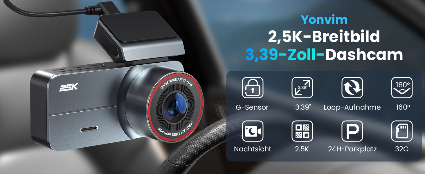 Відеореєстратор Dash Cam 2.5K QHD з двома камерами (передньою та задньою) + 64GB карта пам'яті | 160° Широкий кут огляду, Нічне бачення, Паркувальний режим 24/7, G-сенсор (DC339CT-11)