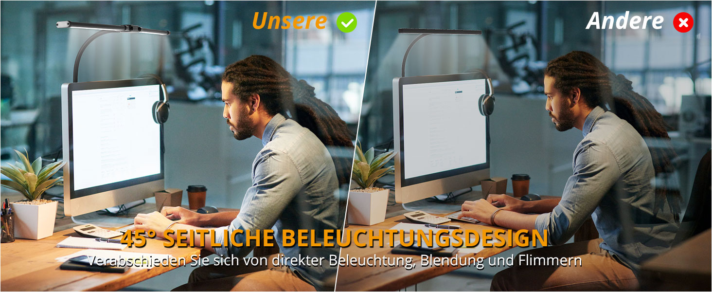 LED лампа настільна з двома головками, регулювання яскравості, 960 люмен, захист очей, 5 кольорів, 10 рівнів яскравості, для офісу та дому, чорна, 61 см