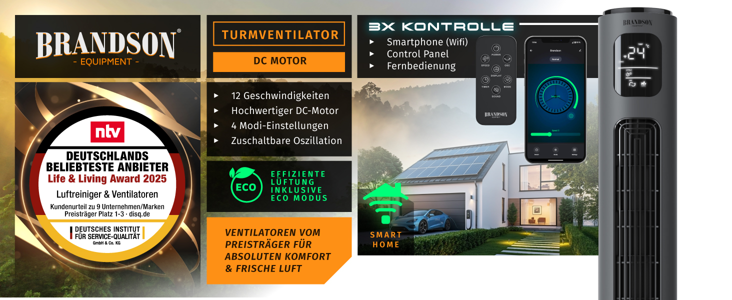Brandson ECO Tower Fan - Silent DC Motor, 12 Speed, Remote Control, Timer, Energy Efficient, Cool Grey