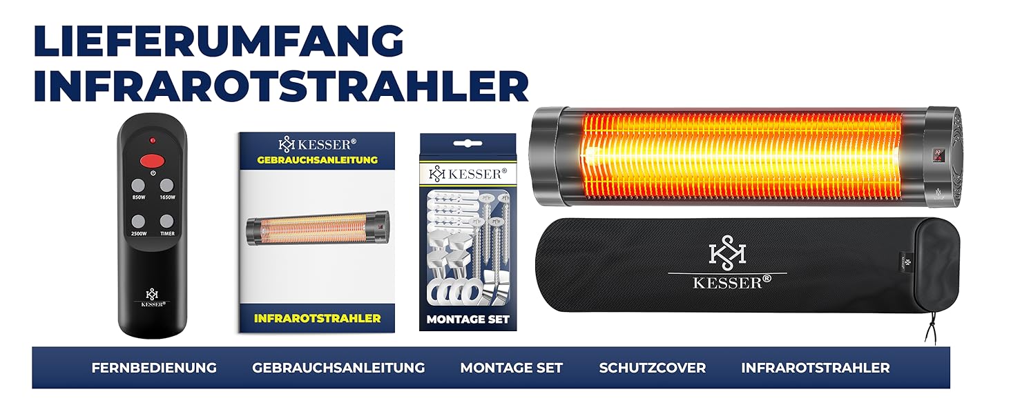 Інфрачервовий обігрівач KESSER® 2500W з пультом керування, 3 режими, миттєвий нагрів, кріплення на стіну, для тераси, кварцовий, з захисним чохлом, таймер, антрацит
