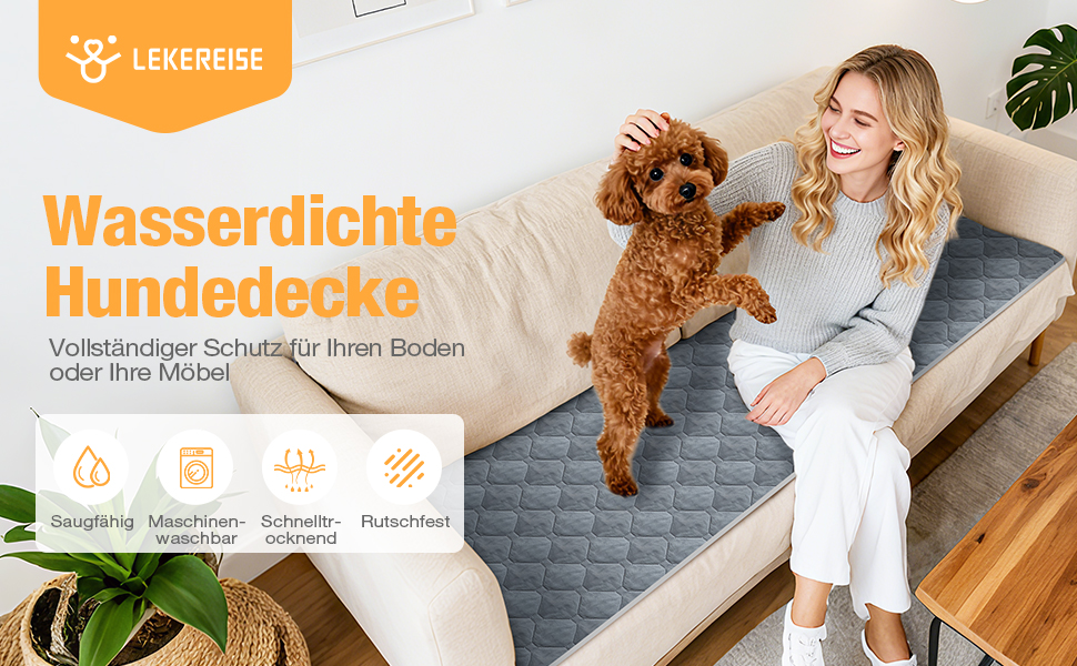 Водонепроникний килимок для собак Lekereise 137x208 см - 100% поглинаючий, не пропускає витоки, м'який, з антиковзаючим покриттям. Захист диванів, ліжок, авто. Легко прати. Підходить для собак та котів.