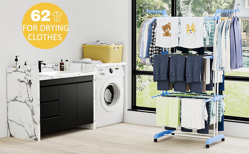 Сушарка для білизни турбо тип, сушарка для одягу з 6 відкидними крилами та 2 боковими крилами, мобільна сушарка для білизни на коліщатках для дому та вулиці, блакитна