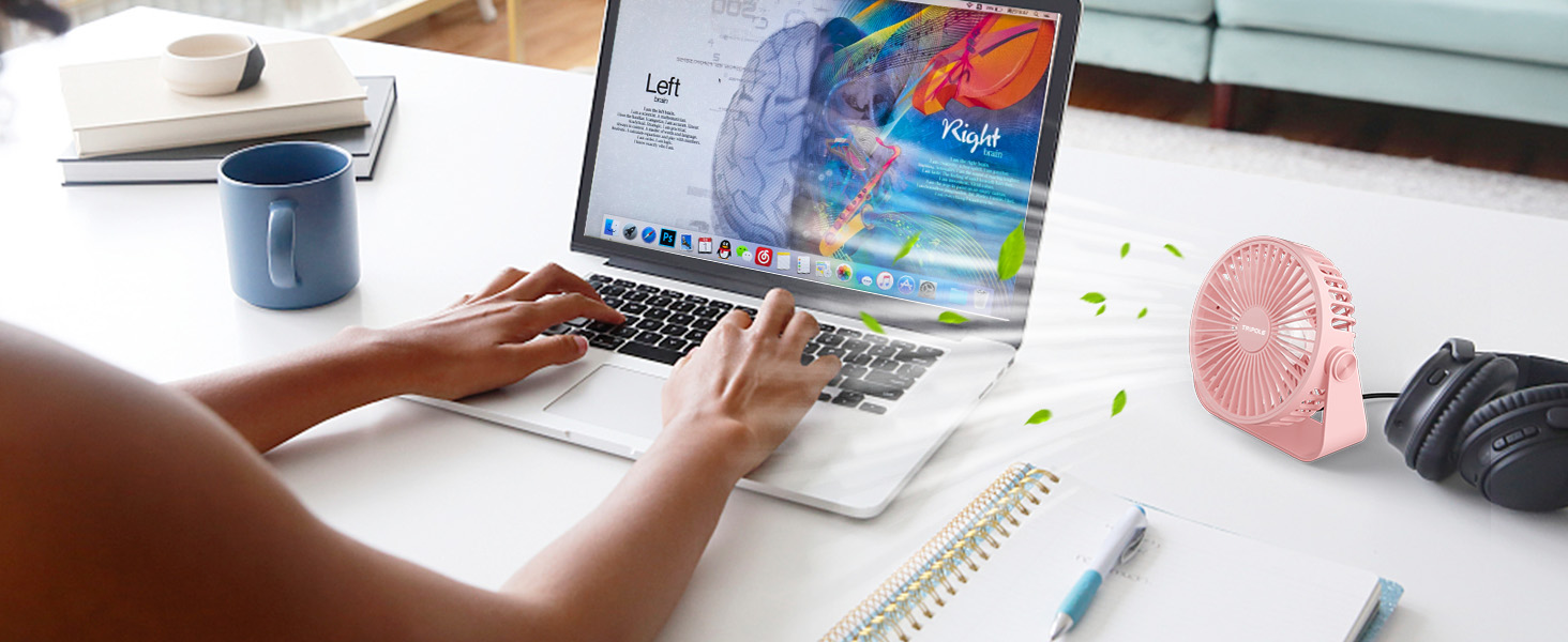 Триполю USB Настільний Вентилятор, 3 швидкості, регульований, потужний потік повітря, 360° обертання, кабель 1,5 м, рожевий, компактний міні-вентилятор