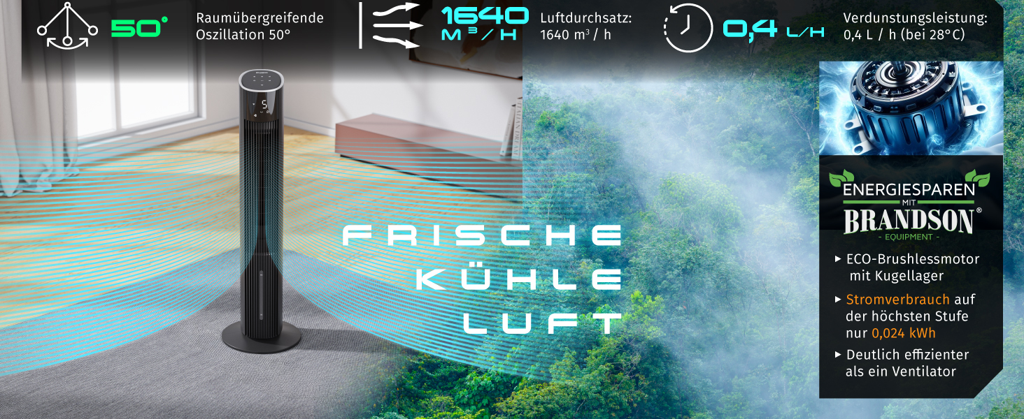 Вентилятор вежа Brandson ECO GREEN з водяним охолодженням, WiFi, керуванням Alexa – мобільний кондиціонер, чорний матовий
