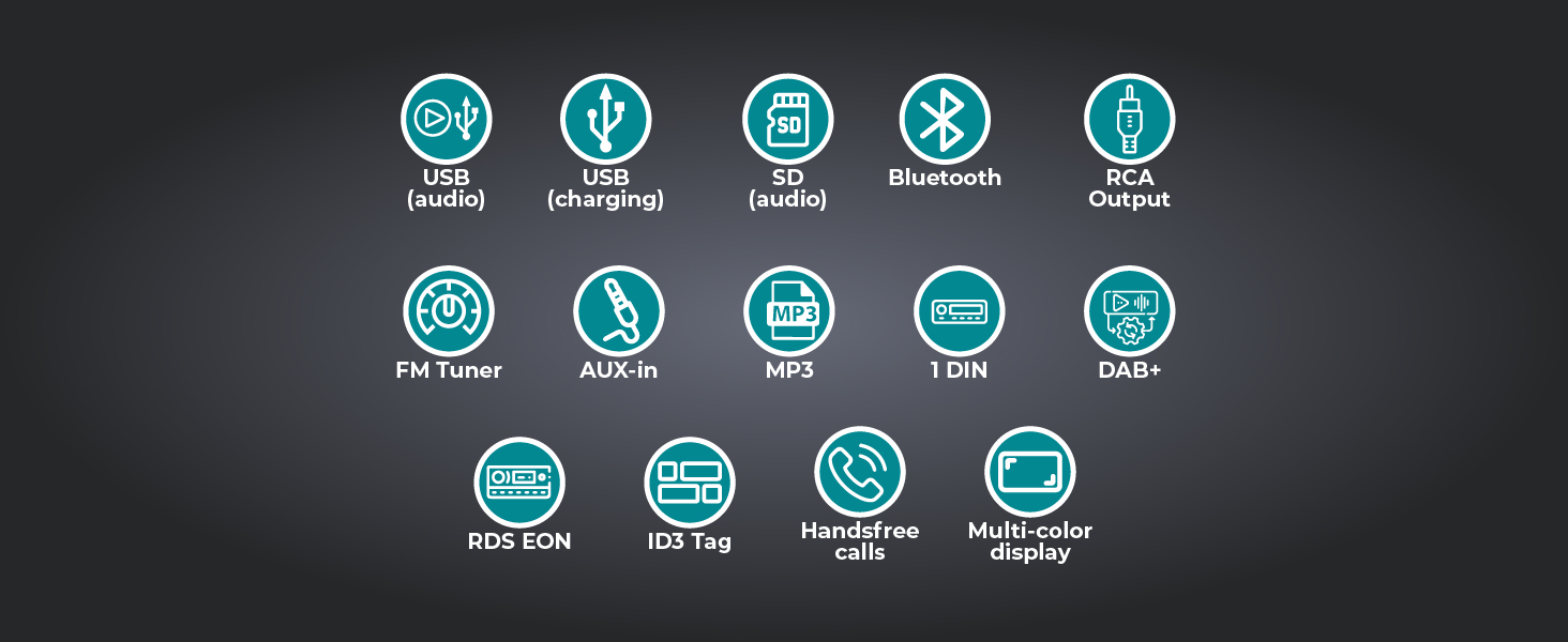 Автомагнітола Caliber 1DIN Bluetooth DAB+/FM, 4x100Вт, USB/MicroSD, 2.1A зарядка, AUX-in, hands-free, зовнішній мікрофон, RCA вихід, підсвічування, підтримка MP3/WMA/APE/FLAC/AAC