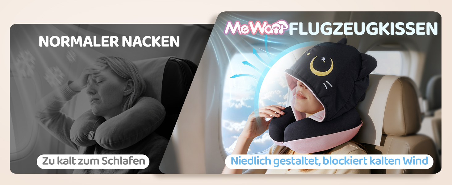 Подушка для шиї Mewaii для подорожей, двостороння подушка для дорослих, подушка для шиї з memory foam для літаків, подушка для шиї з котячою капюшоном, регульований ремінь (Рожева)