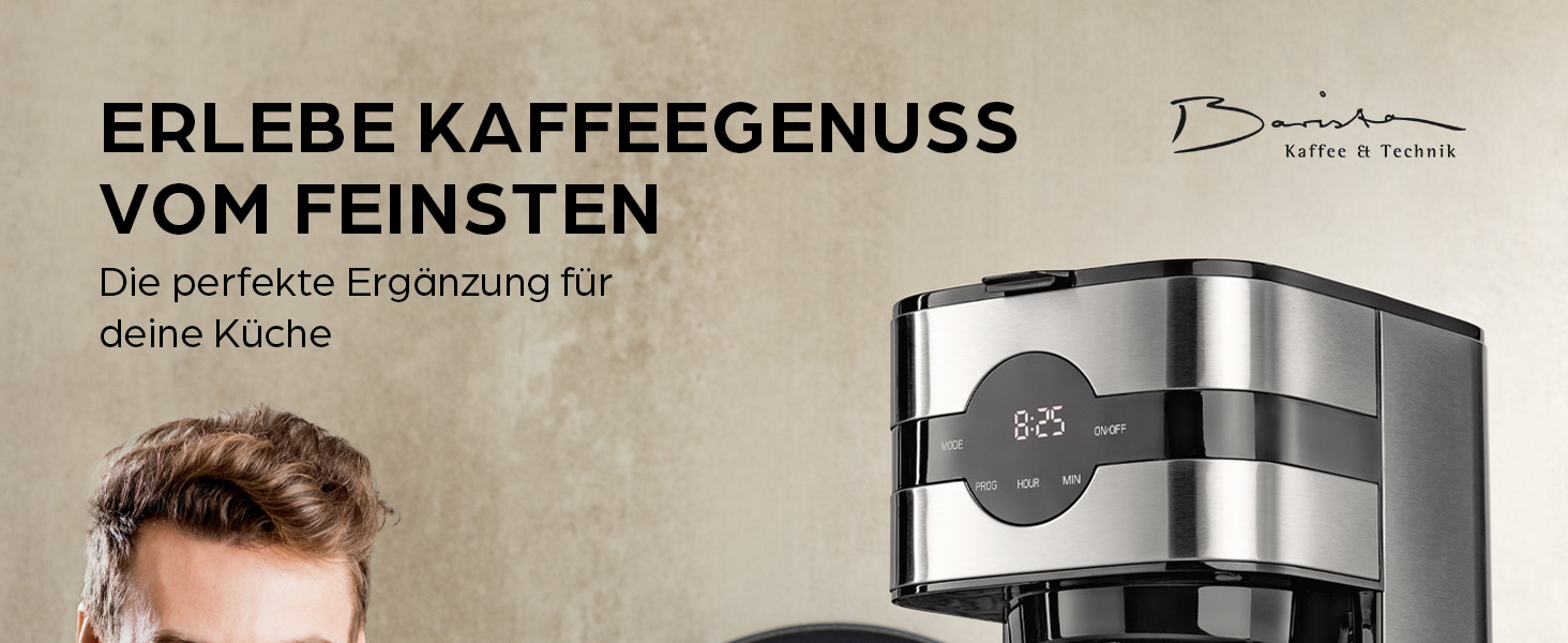 Кавомашина Barista Filterkaffeemaschine з термоканавою, таймер 24 год, постійний фільтр, для 8 чашок кави, для кавової гущі [з нержавіючої сталі] 2) Термокана з нержавіючої сталі