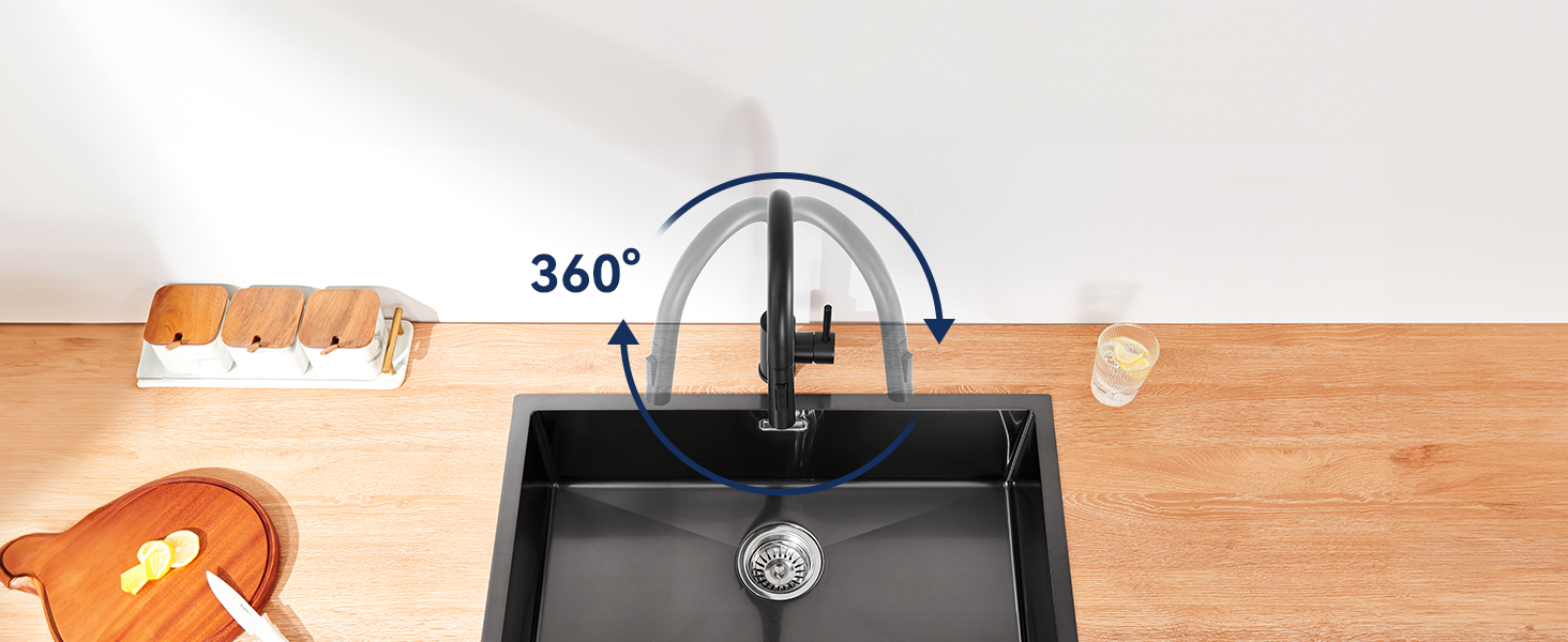 Змішувач кухонний Lonheo з висувною лійкою, високий поворотний кран для кухні з нержавіючої сталі, двофункціональний, для мийки, матовий чорний