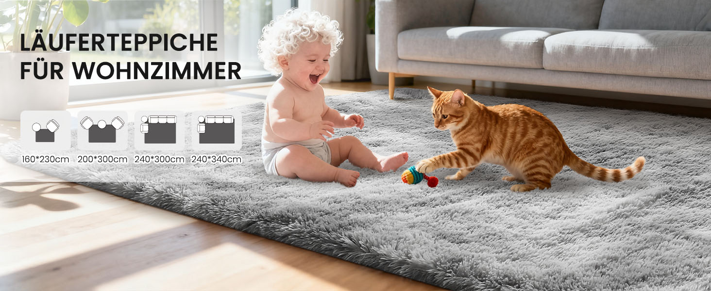 Килим Sour Lemon Hochflor сірий для вітальні, спальні, дитячої, 160x230 см, мобільний, антиковзаючий, плюшевий, сучасний