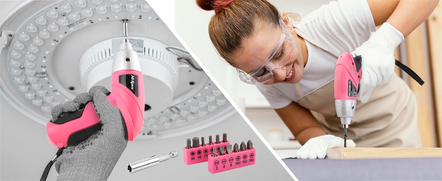 Акумуляторна дриль-шуруповерт HI-SPEC з LED-підсвічуванням та 26 аксесуарами – для будь-яких робіт (сірий/рожевий)