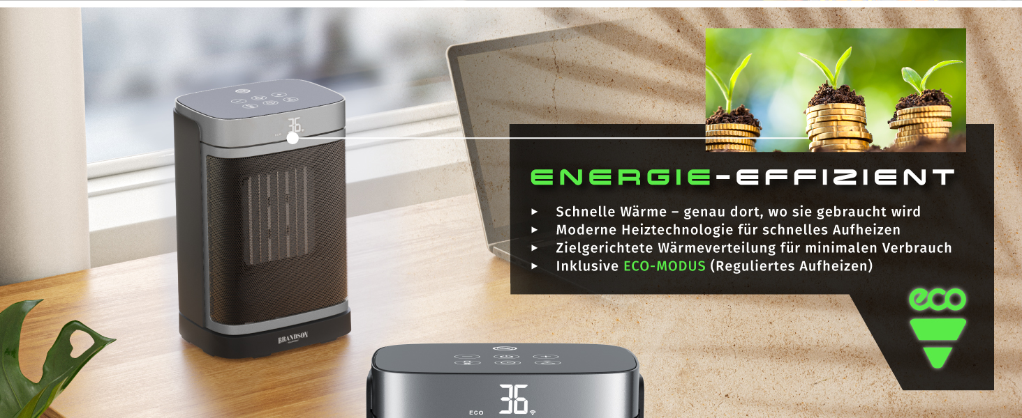 Електричний обігрівач Brandson з Wi-Fi, дистанційним керуванням та режимом ECO - тихий, з дитячим замком, таймером, для ванної, вітальні, офісу, дитячої кімнати