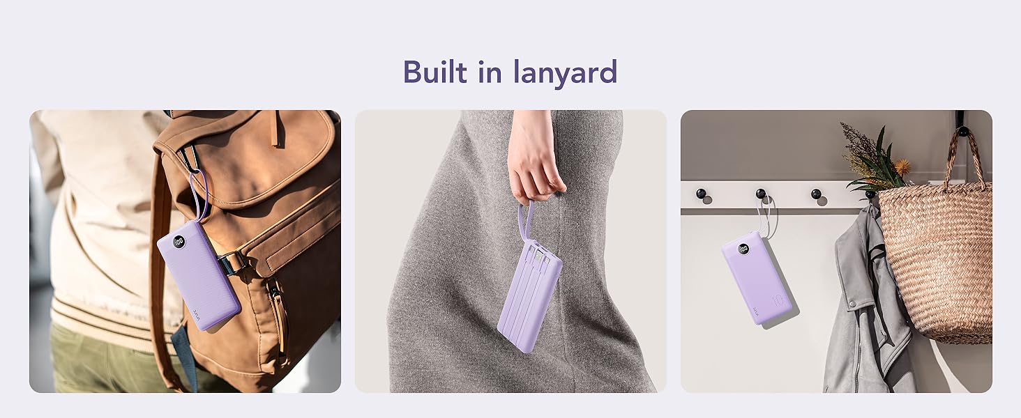 Powerbank VRURC 10000mAh з кабелем: портативний зарядний пристрій USB-C з LED дисплеєм та 5 виходами, 2 входами, сумісний з iPhone, Huawei, Samsung та іншими смартфонами (колір: туманний фіолетовий)