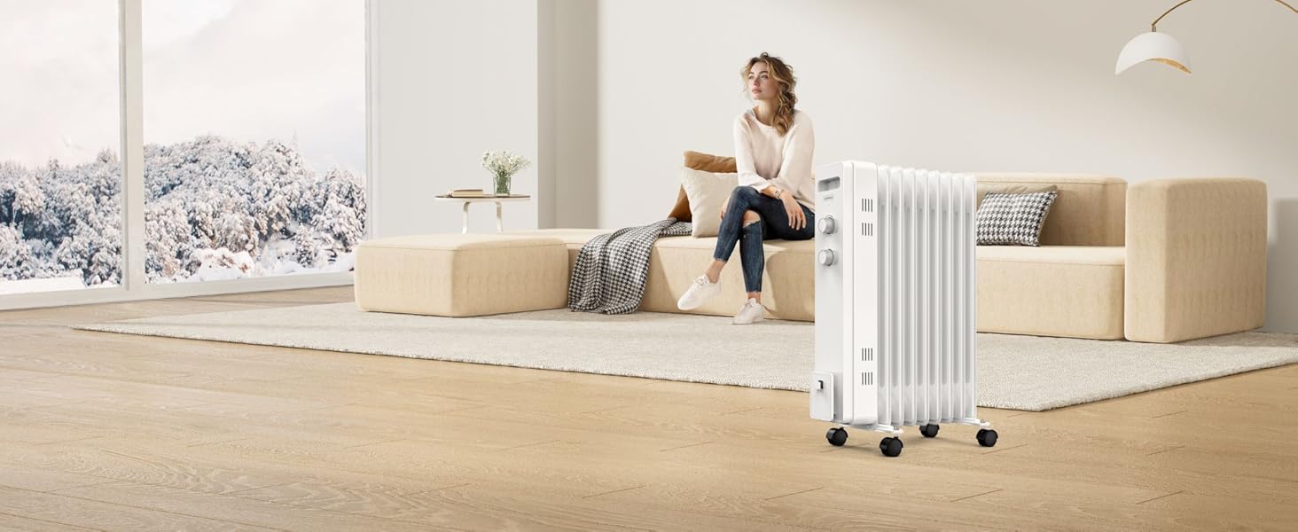 Електричний масляний радіатор VonHaus 2000W з 9 ребрами, 3 режими, термостат, 4 колеса, 1.5м кабель (білий)