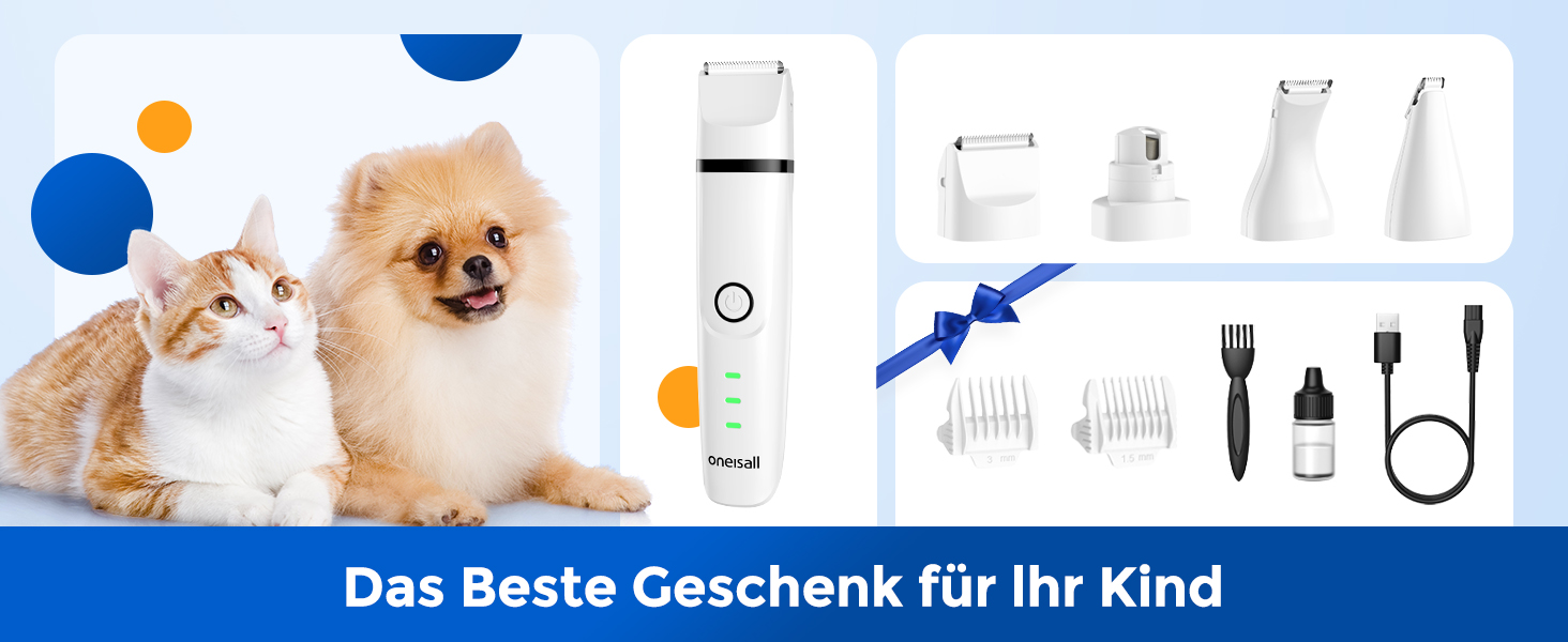 Schermaschine для собак та котів oneisall 4-в-1: стрижка, триммінг, шліфування кігтів. Безшумна, акумуляторна модель з 4 насадками для тіла, лап, очей та вух.