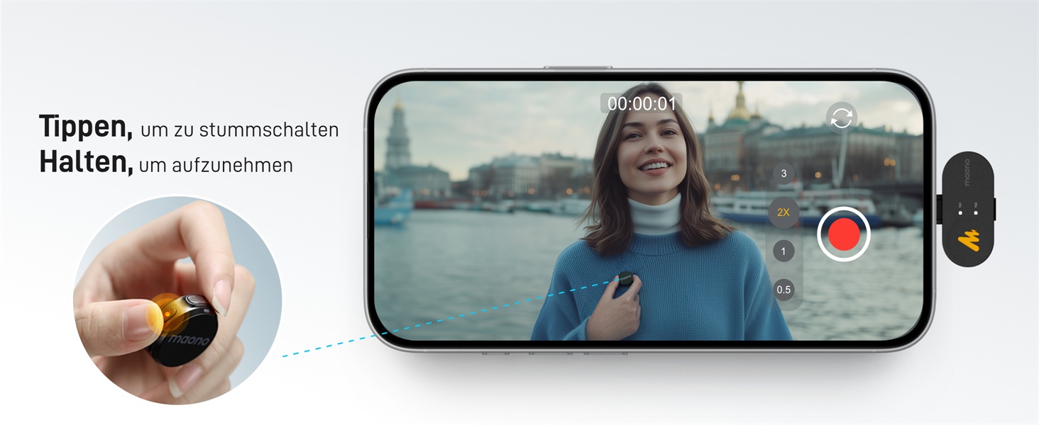 MAONO Бездротовий петличний мікрофон Wave T5 USB-C для iPhone 15/16, Android: 48kHz/24Bit, 30 годин роботи, шумозаглушення, 300м радіус дії